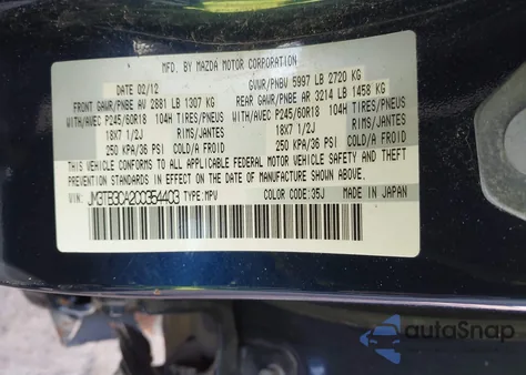 2012 Mazda Cx-9 Touring from USA, damaged, VIN JM3TB3CA2C0354403
